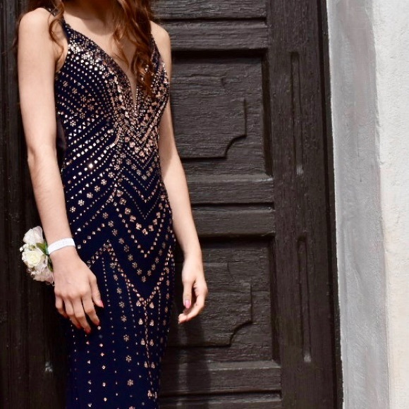 Mon Cheri-Navy Blue/Rose Gold Dress - Picture 3 of 5